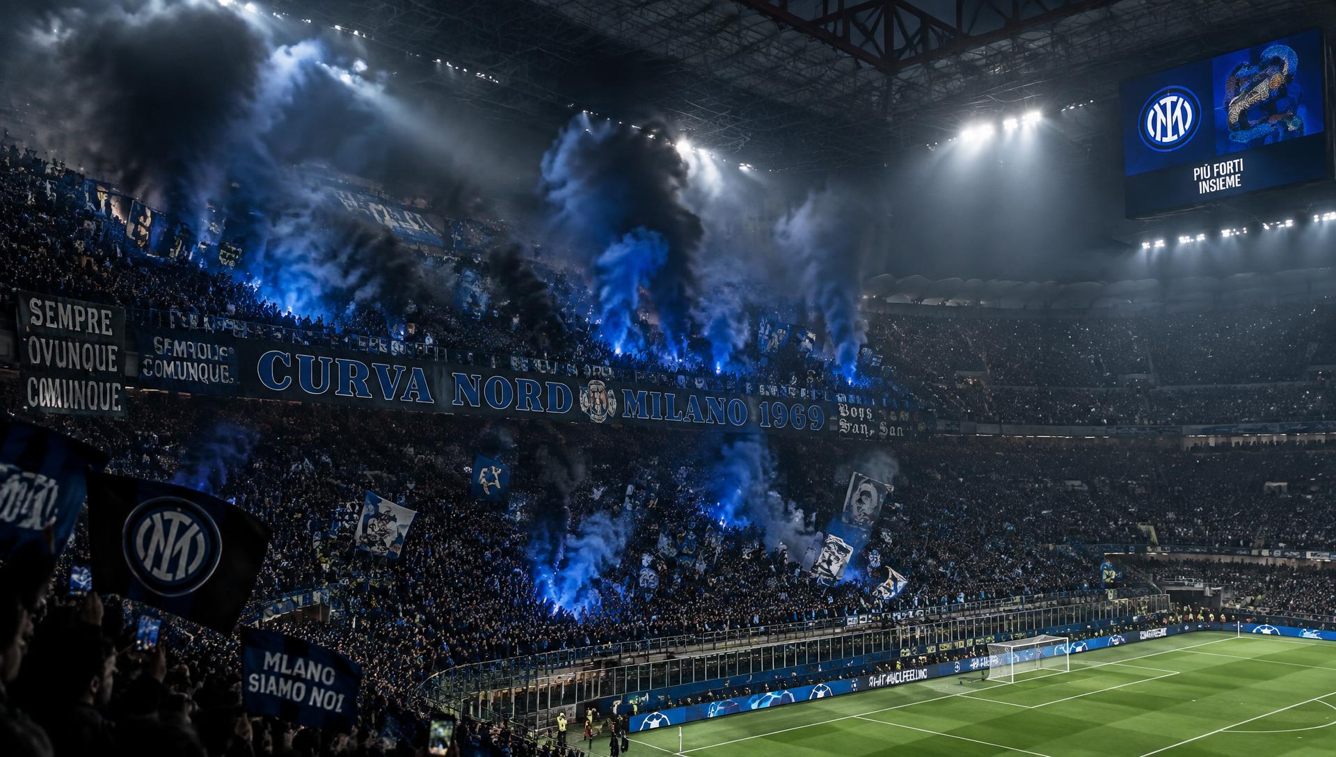 Giuseppe Meazza -stadion yöllä, sininen savu ja Curva Nord